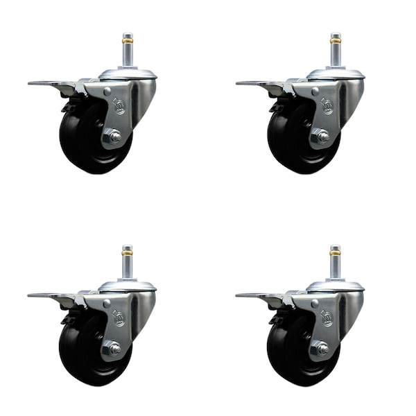 Service Caster 3'' Hard Rubber Swivel 7/16'' Grip Ring Stem Caster Set Total Lock Brake, 4PK SCC-GRTTL20S314-HRS-716138-4 - main